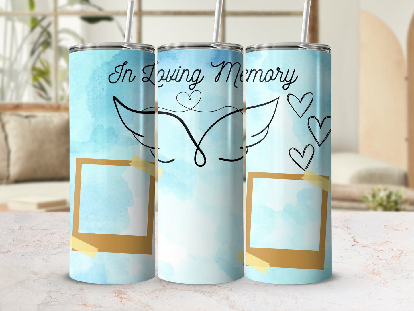 Three tumblers with "In Loving Memory" text, angel wings, hearts, and photo frames.