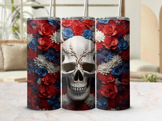 Skull with red, white, and blue flowers on a tumbler.