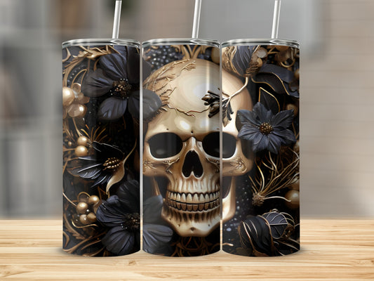Gold skull with black flowers and gold accents on a black tumbler.