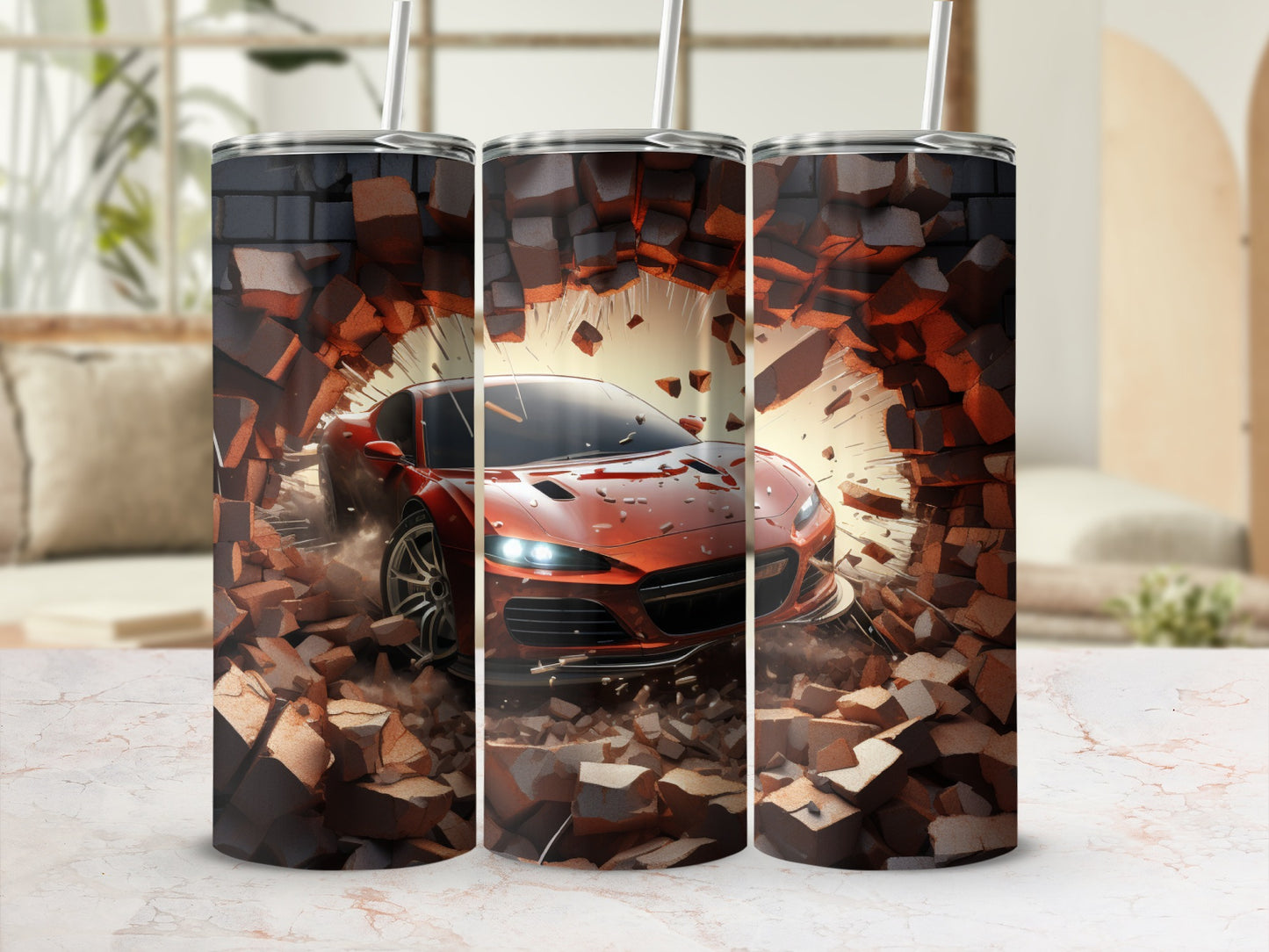High-Speed Race Car Breaking Through Wall Tumbler