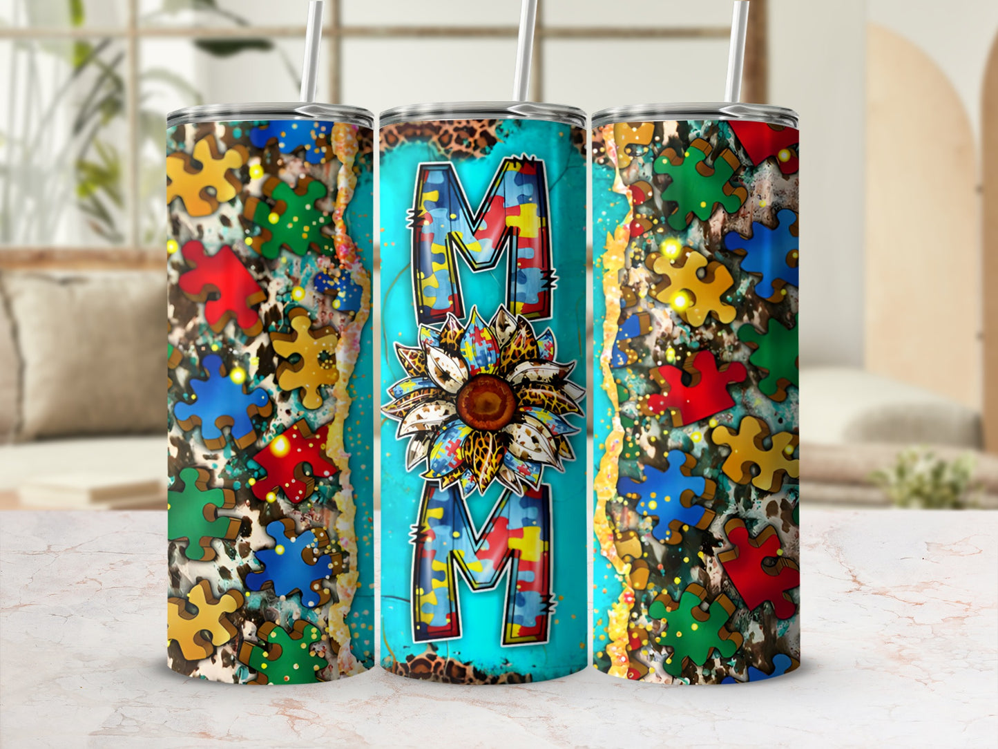 Tumbler with "Mom" and sunflower design, surrounded by colorful puzzle pieces.