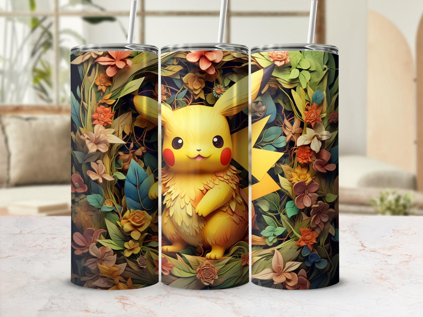 Pikachu in Floral Wonderland Custom Tumbler Design