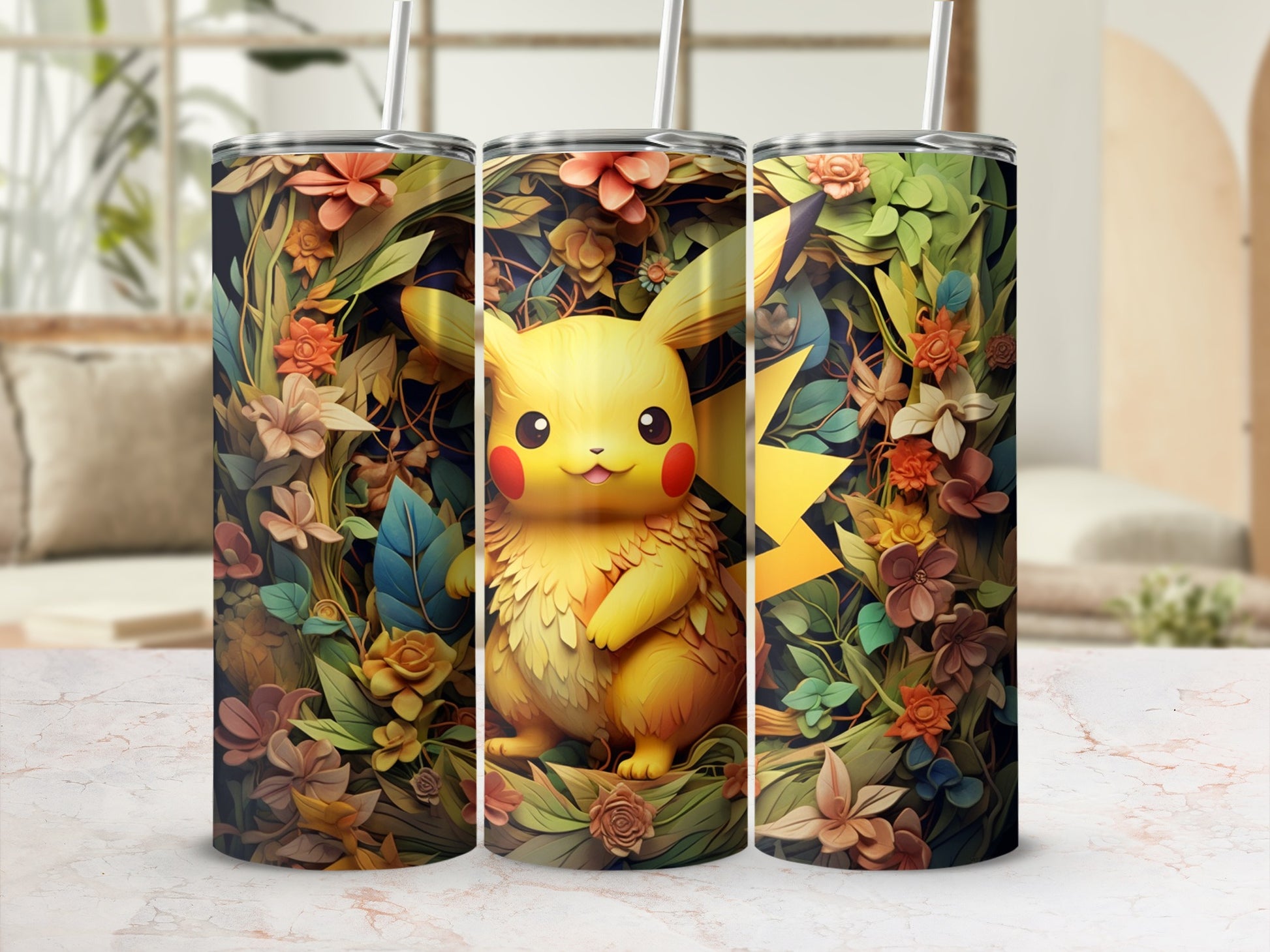 Pikachu in Floral Wonderland Custom Tumbler Design