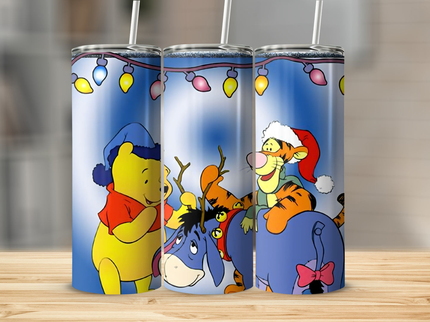 Winnie the Pooh characters Christmas Winter scene Tumblers