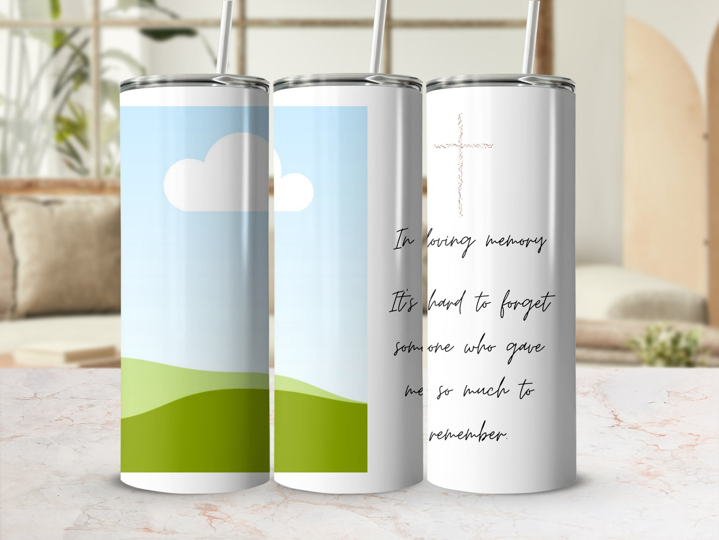 Tumbler with cross and text: "In loving memory, It's hard to forget someone who gave me so much to remember."