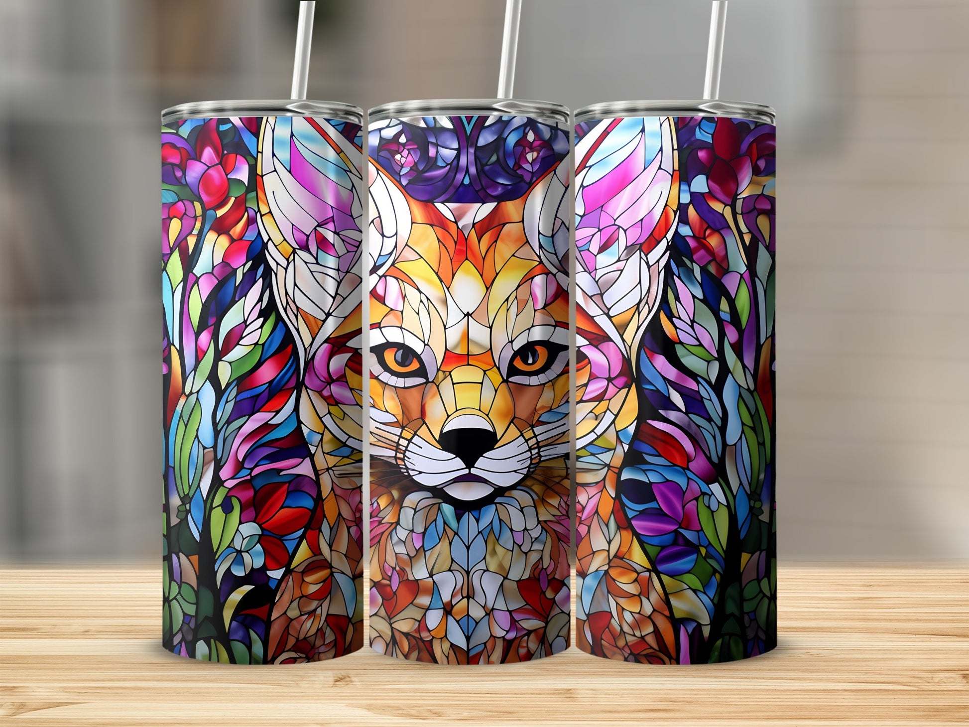 Three stained glass tumblers featuring a colorful fox with floral elements.