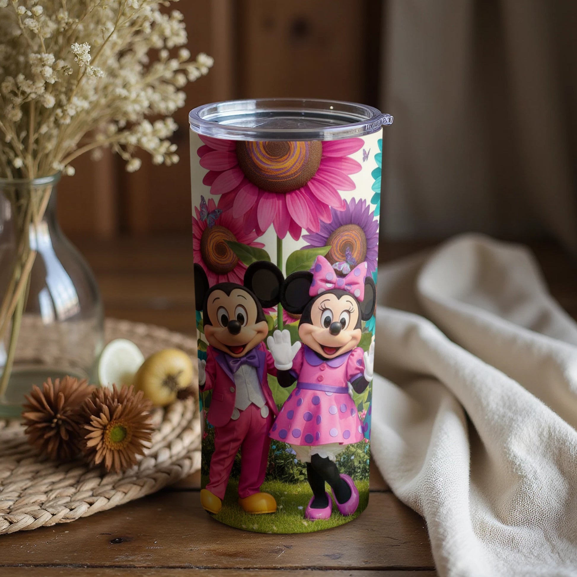 Mickey and Minnie Mouse Floral Design Tumbler Cup