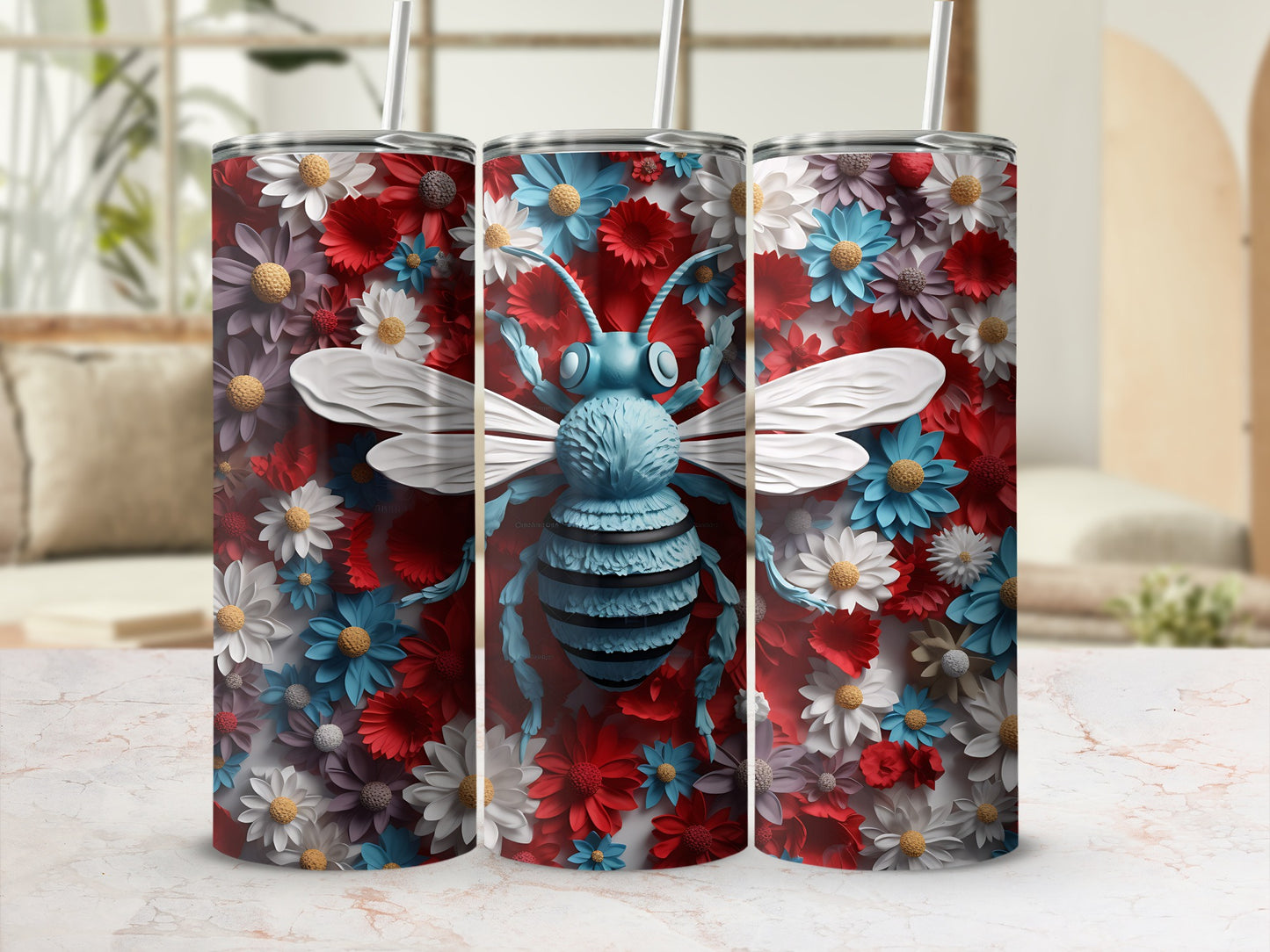 Blue bee on a floral background with red, white, and blue flowers.