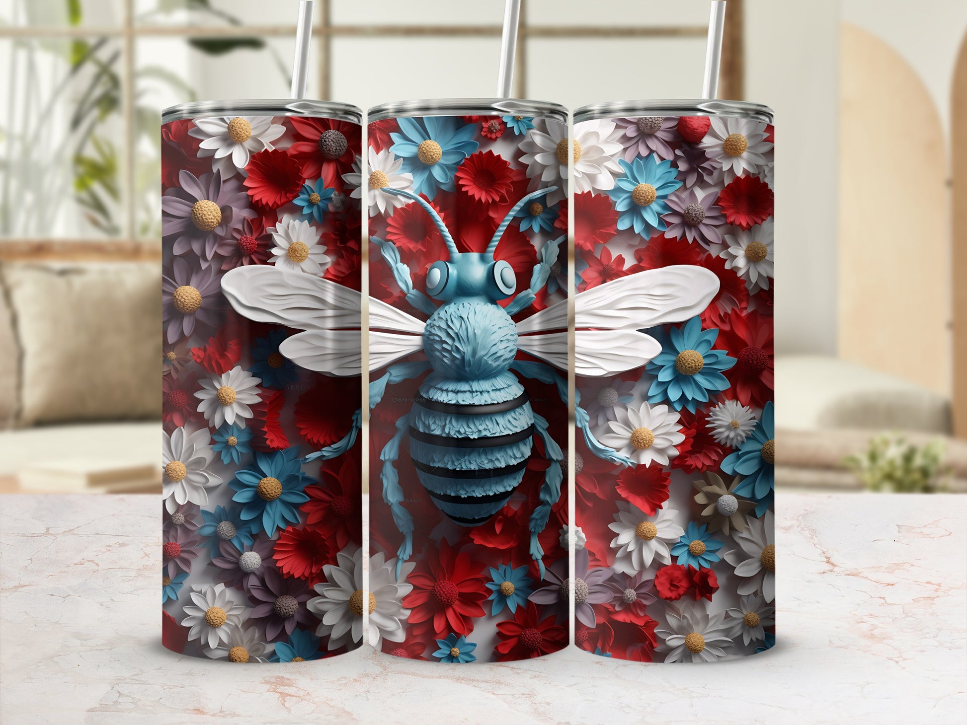Blue bee on a floral background with red, white, and blue flowers.