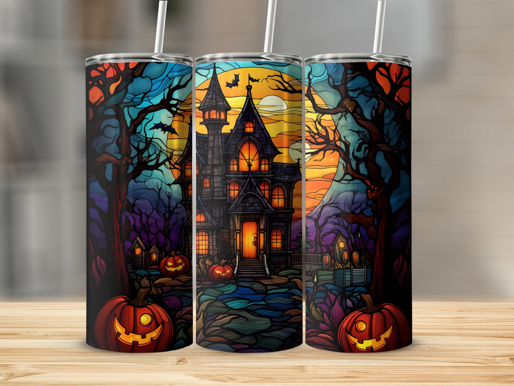 Haunted house with pumpkins and spooky trees under a full moon.