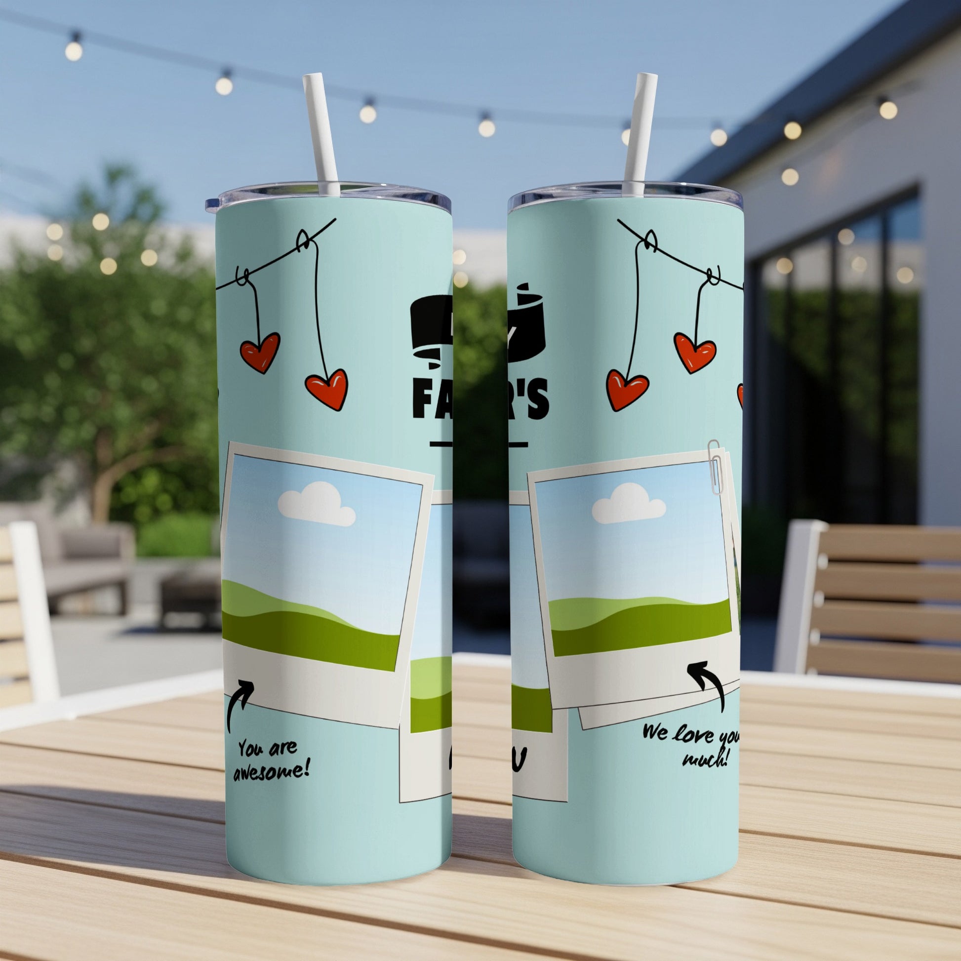 Two mint green tumblers with hearts and photos, reading "Dad's" and "We love you much!".