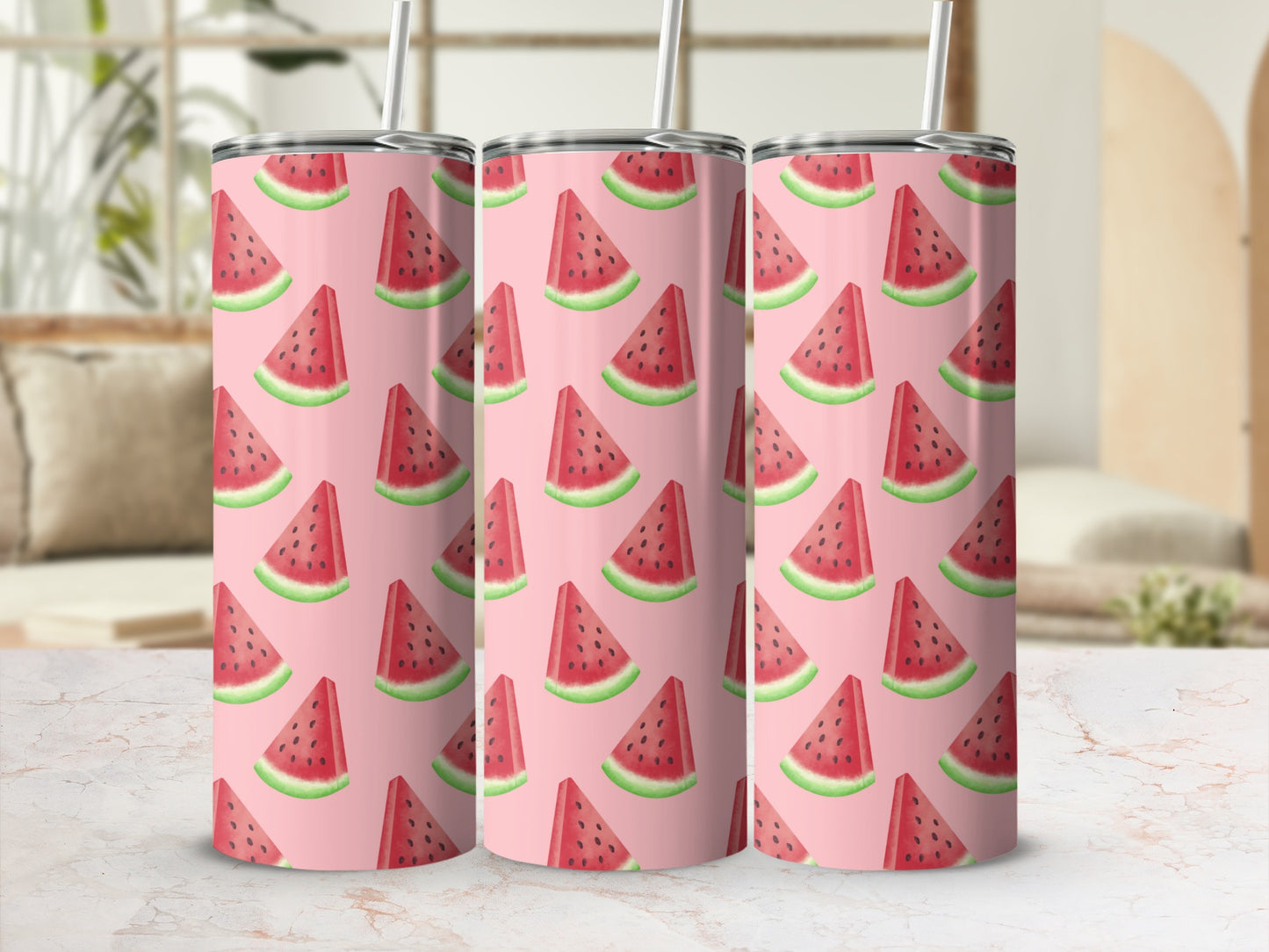 Three tumblers with a repeating pattern of sliced watermelon.