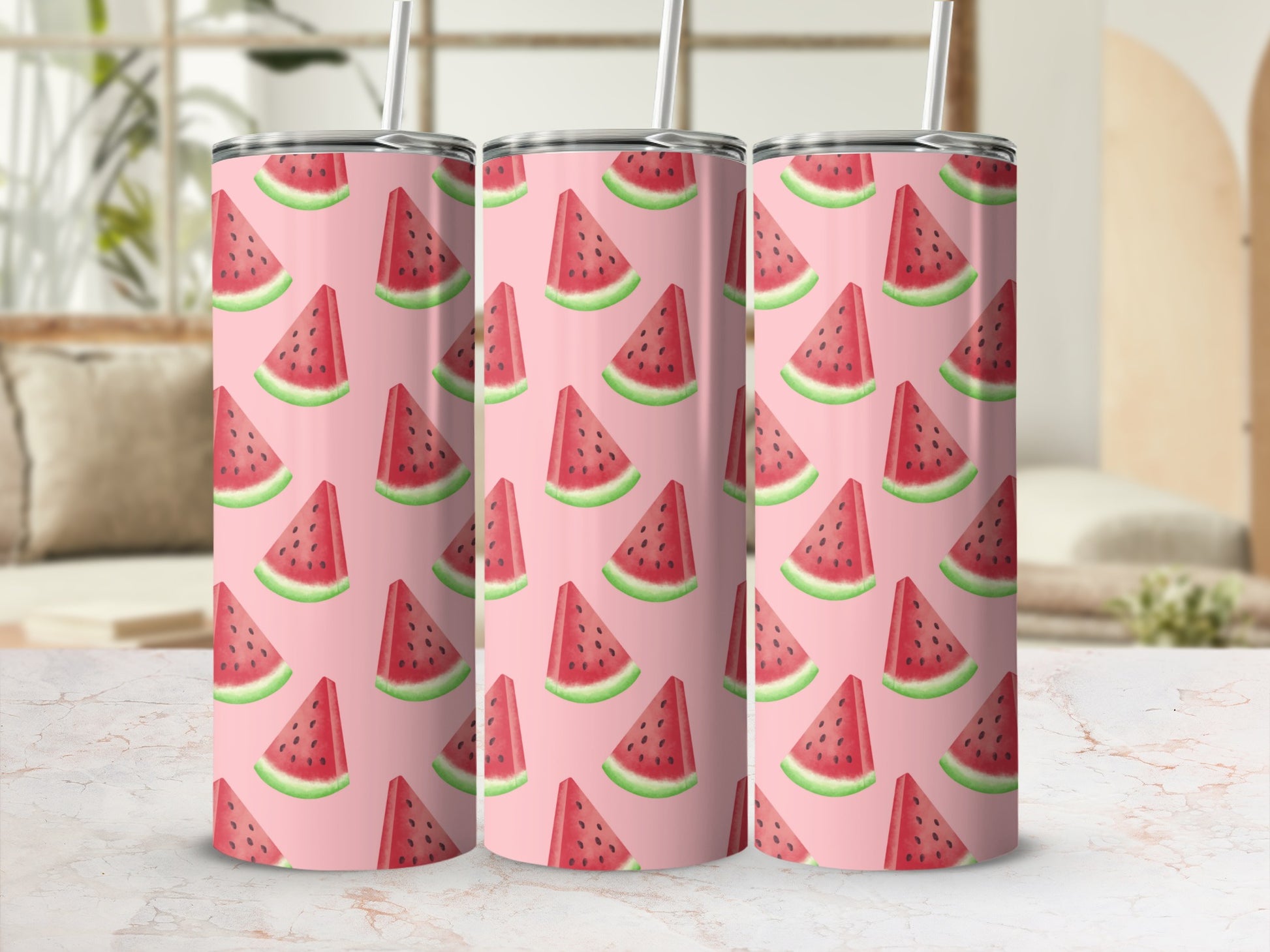 Three tumblers with a repeating pattern of sliced watermelon.