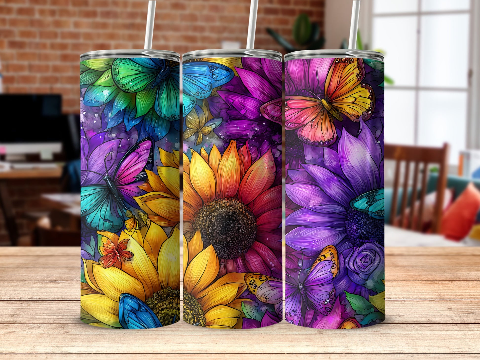 Colorful Butterfly and Flower Tumbler Cup