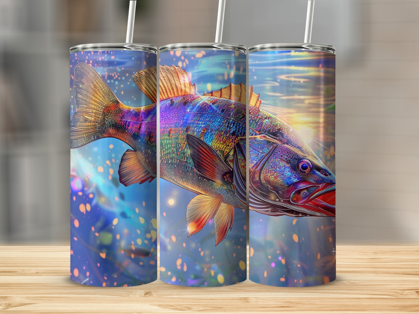 Tattooed fish design on three skinny tumblers with straw.