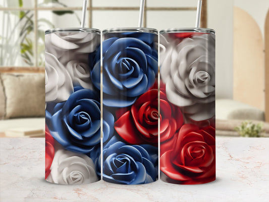 Three tumblers with red, white, and blue rose designs.