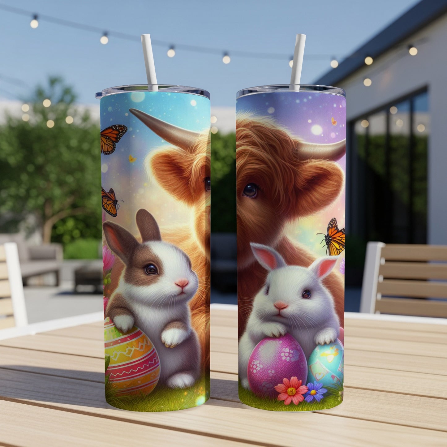 Two Highland cows and two bunnies with Easter eggs on tumblers.
