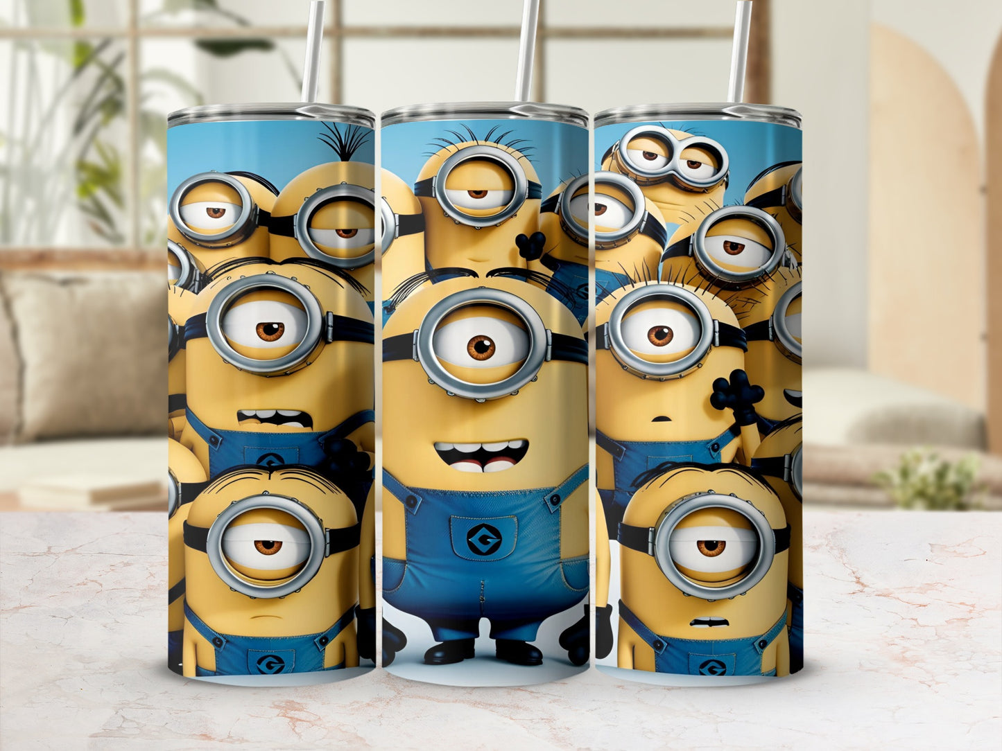 Minions with goggles and blue overalls on a blue background.