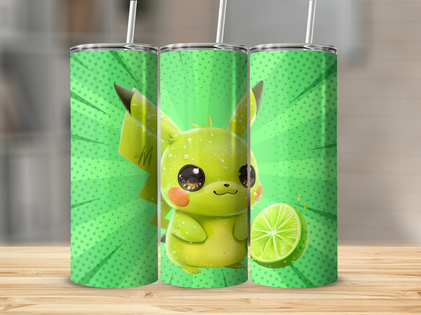 Cute Green Character with Lime Tumblers