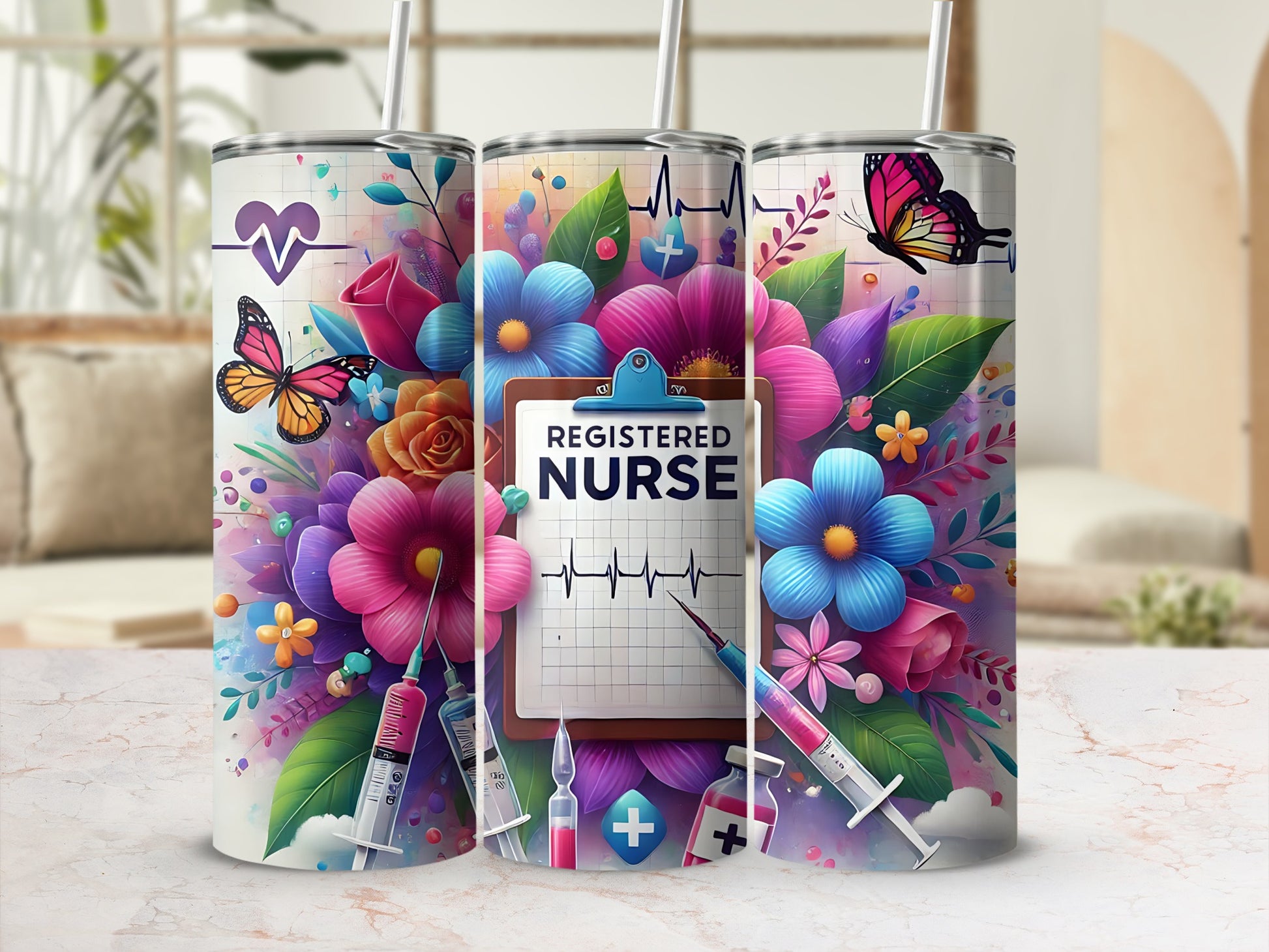 Tumbler featuring colorful floral designs, butterflies, syringes, and "Registered Nurse" text.