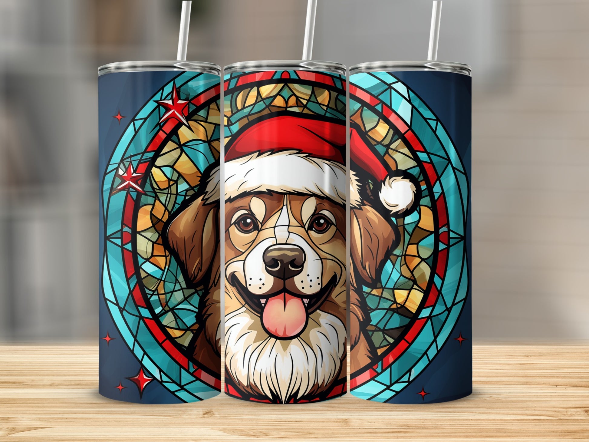 Dog wearing Santa hat in stained glass design on cylindrical tumbler.