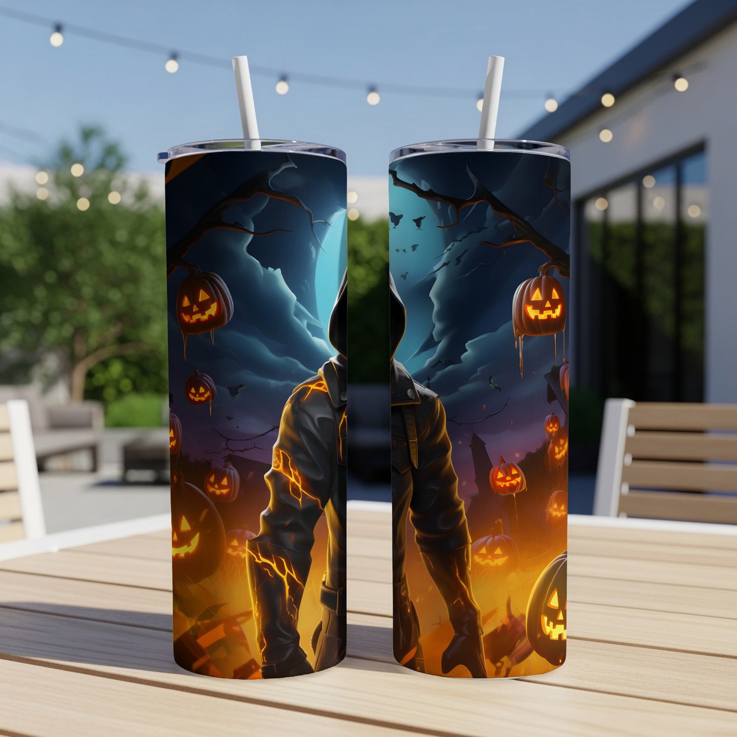 Two tumblers with a spooky Halloween design featuring a hooded figure and jack-o'-lanterns.