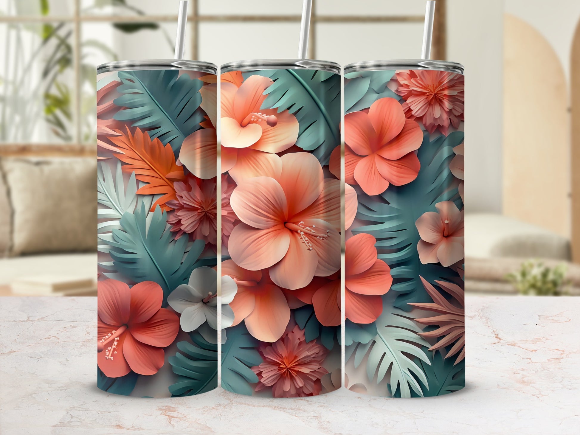 Colorful Tropical Floral Print Tumbler with Straw Product