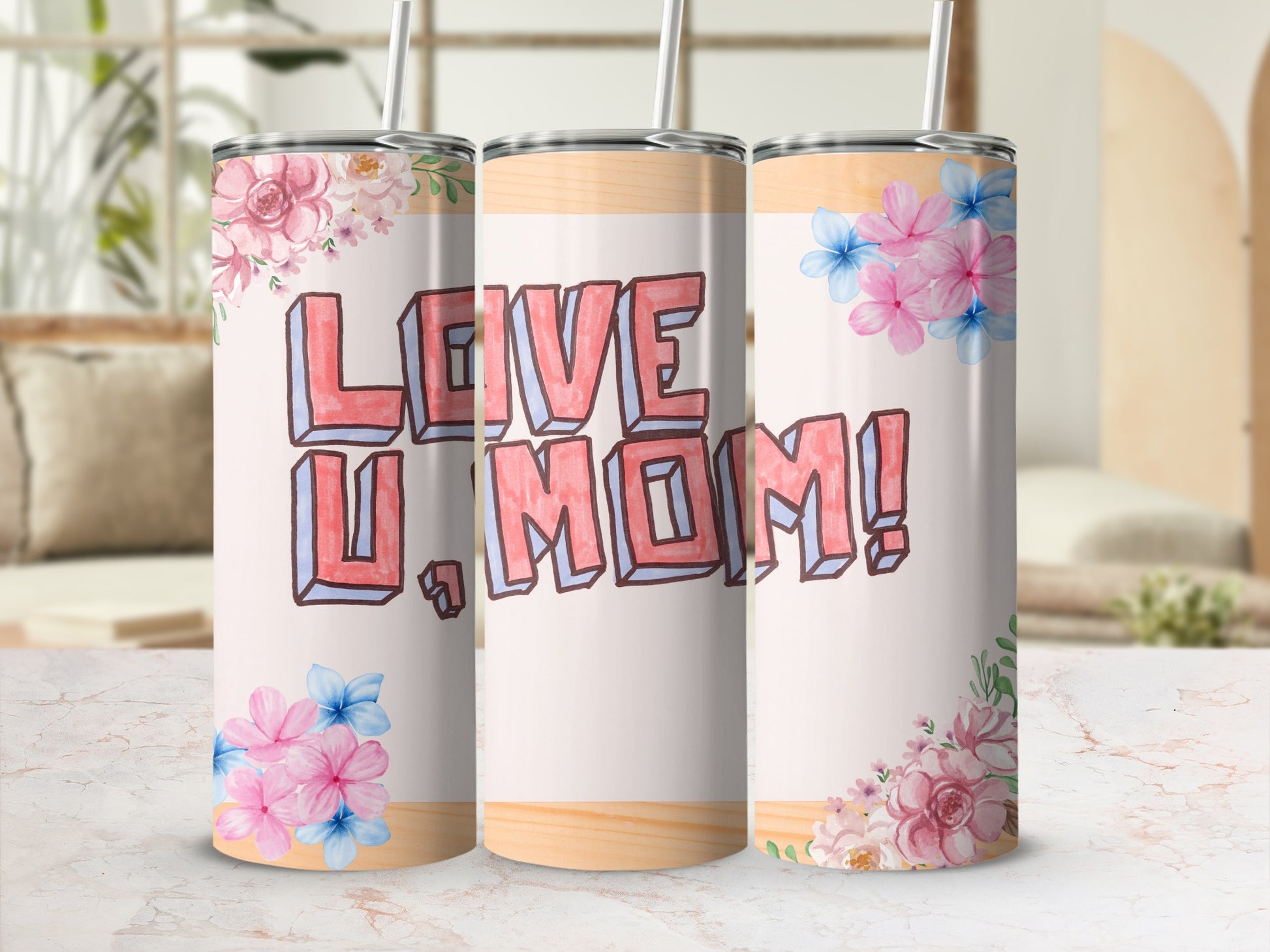 Love U MOM Floral Design Tumbler Perfect Gift Idea