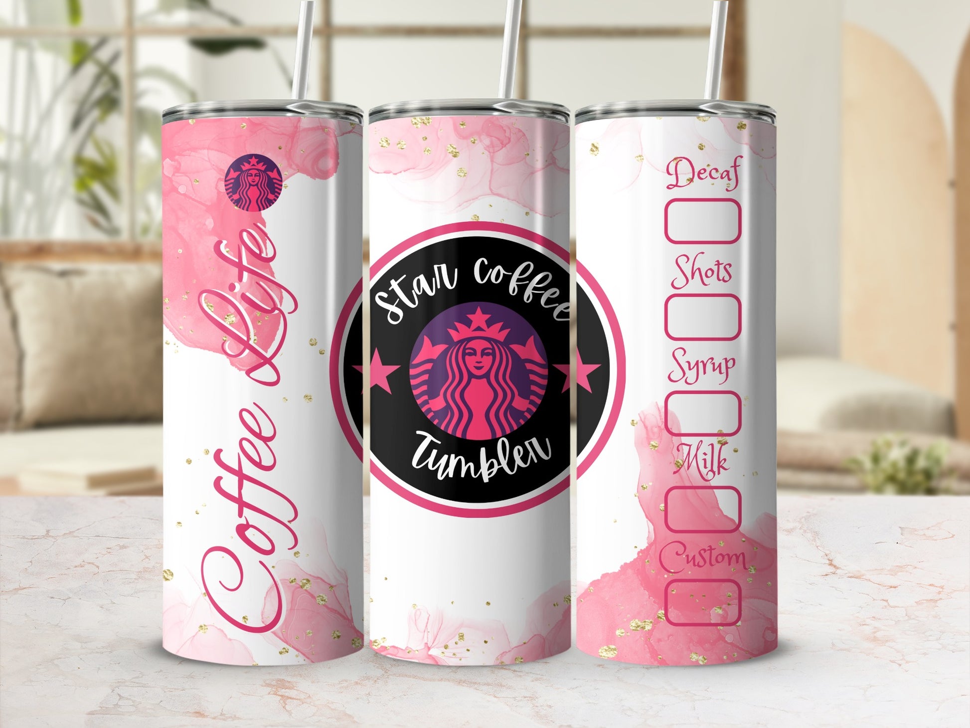 Star Coffee Tumbler with Decorative Text Design
