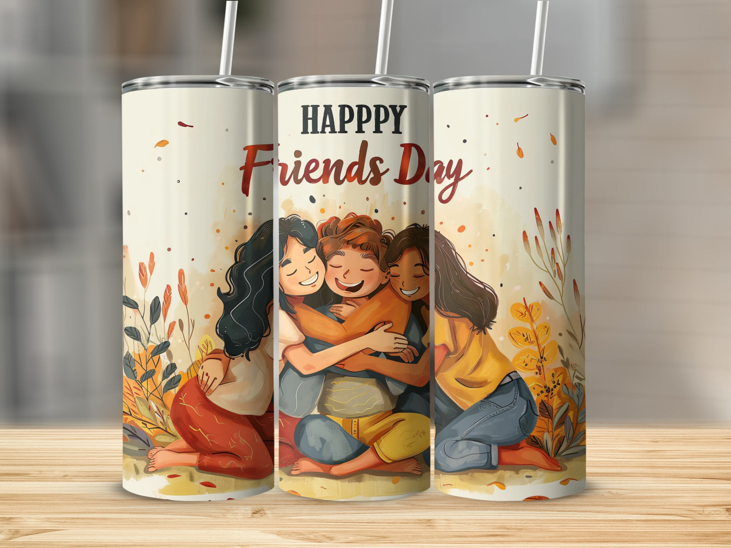 Happy Friends Day Tumbler with Hugging Friends Illustration