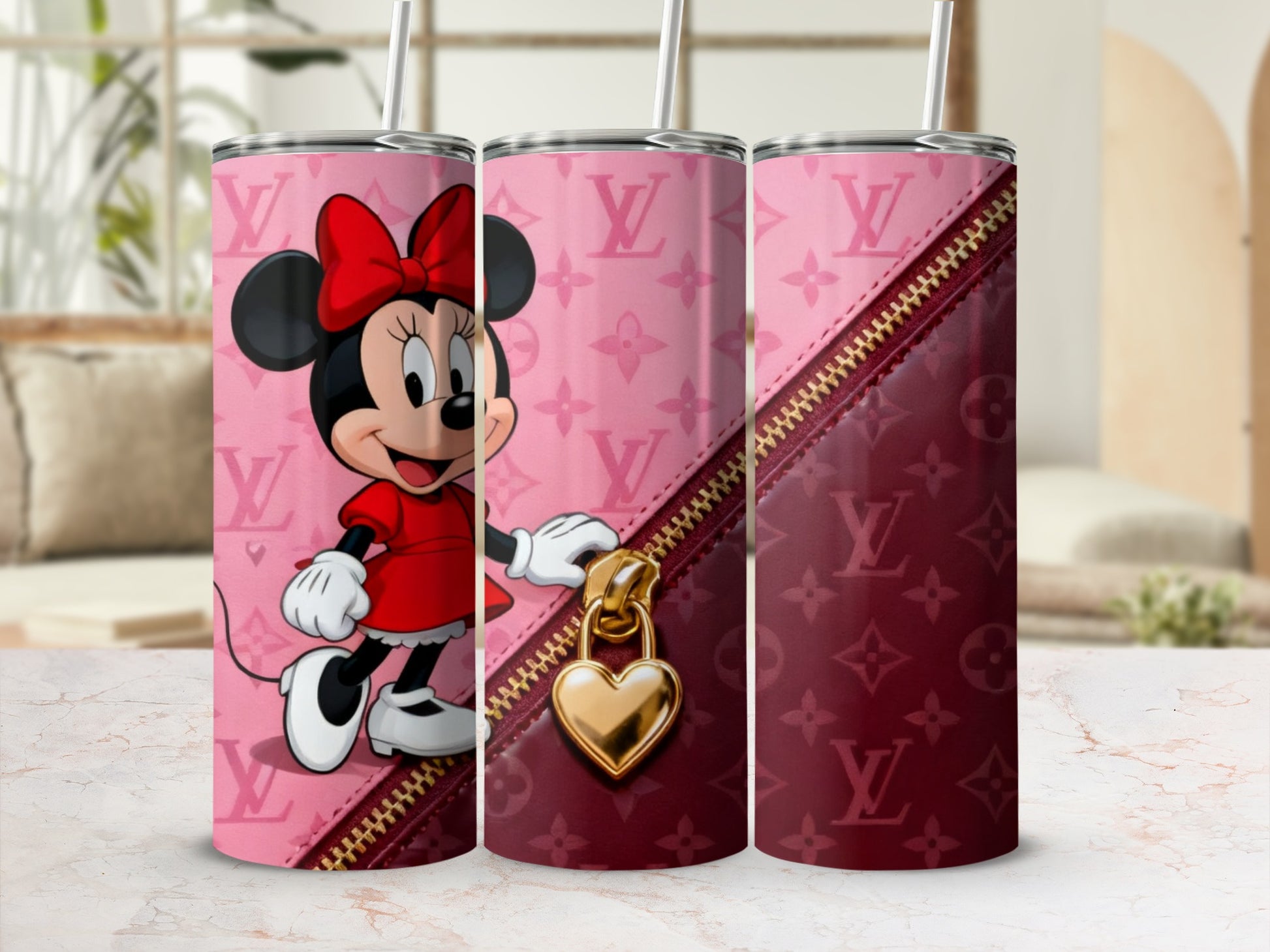 Minnie Mouse on pink LV print tumbler with red zipper and gold heart lock.