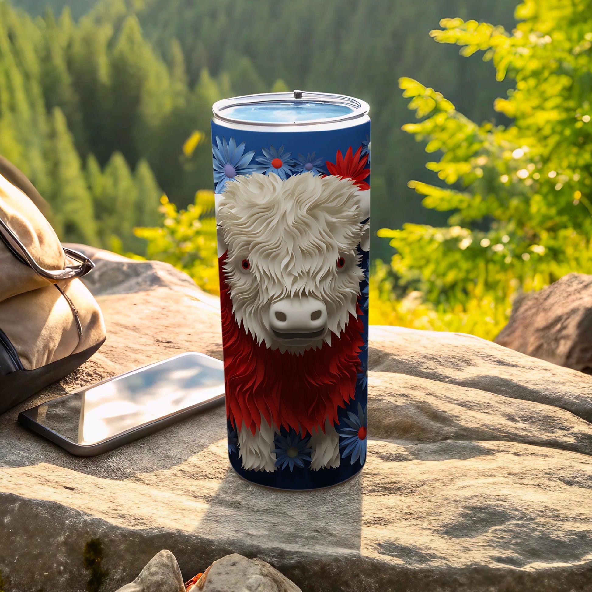 Blue tumbler with Highland cow and floral design, resting on rocks outdoors.