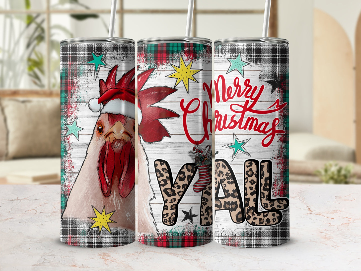 Chicken wearing Santa hat with "Merry Christmas Y'all" text on tumbler.