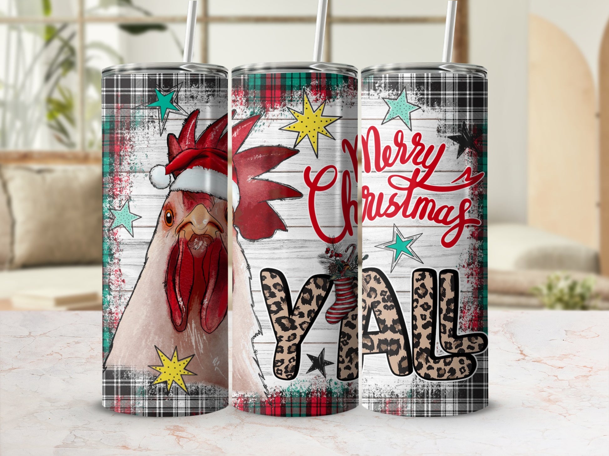 Chicken wearing Santa hat with "Merry Christmas Y'all" text on tumbler.