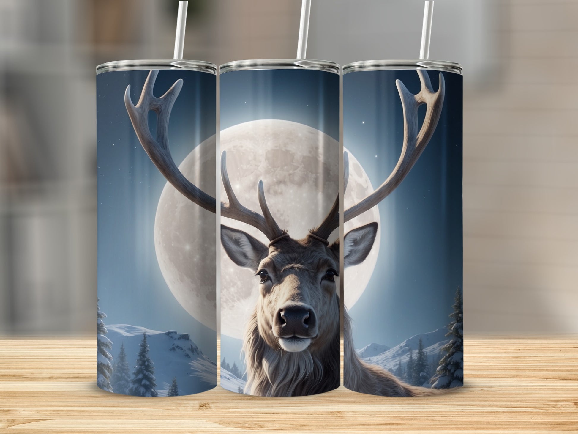 Deer head and antlers against a full moon and snowy landscape.