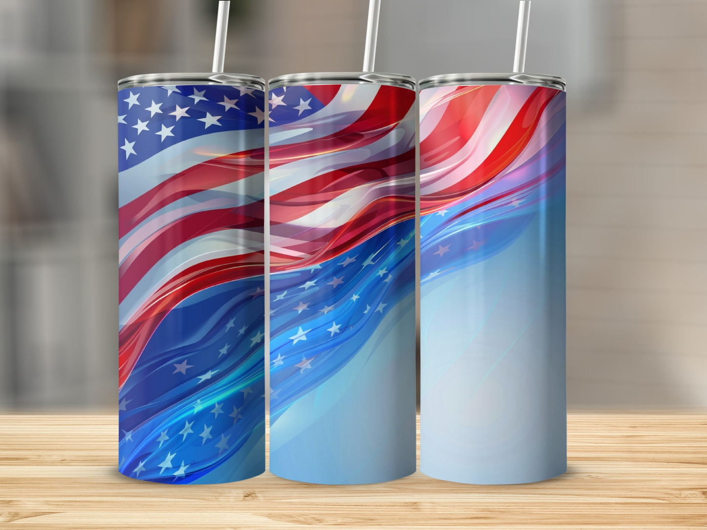 Three tumblers with USA flag design and blue abstract waves.