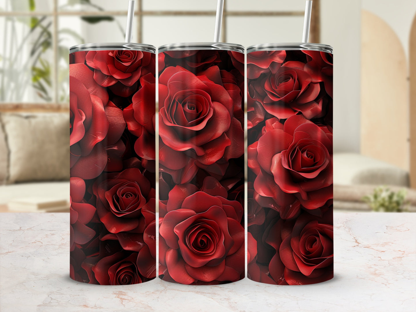 Close-up of deep red rose pattern on three tumblers.
