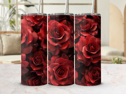 Close-up of deep red rose pattern on three tumblers.