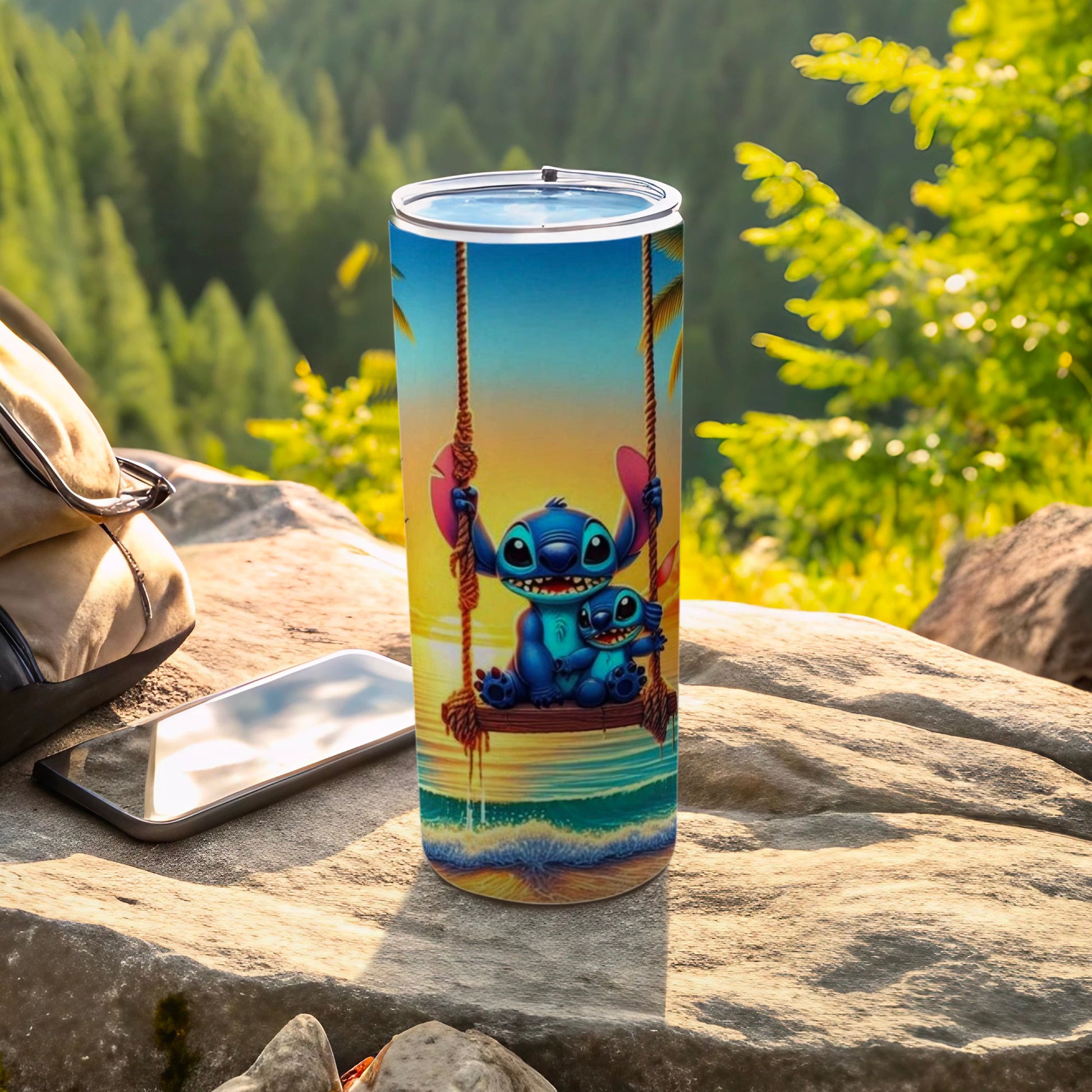 Cute Swinging Blue Characters Travel Mug With Lid