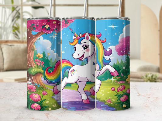 White unicorn with rainbow mane and tail on path with flowers.