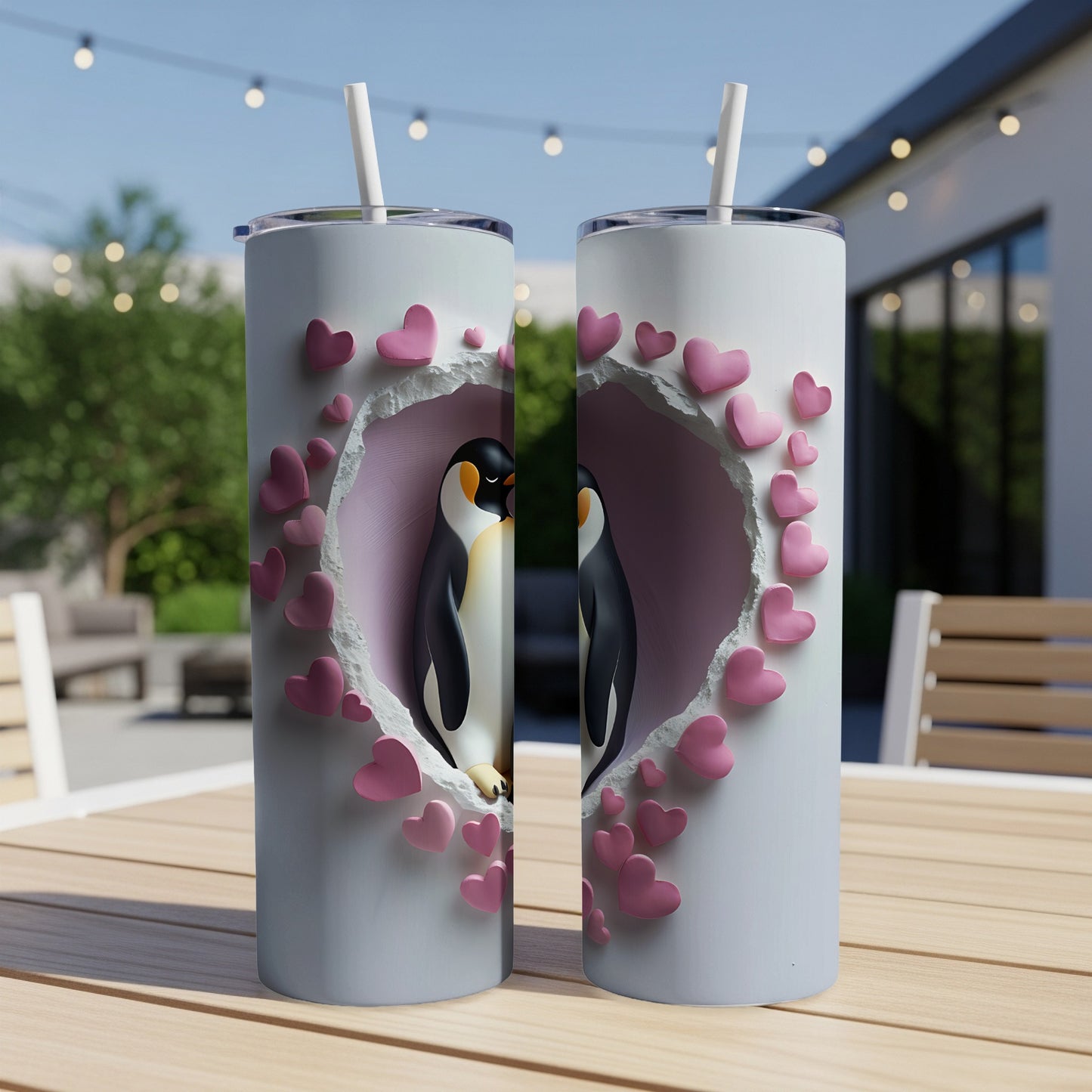 Two penguins in heart-shaped opening on a white tumbler with pink hearts.