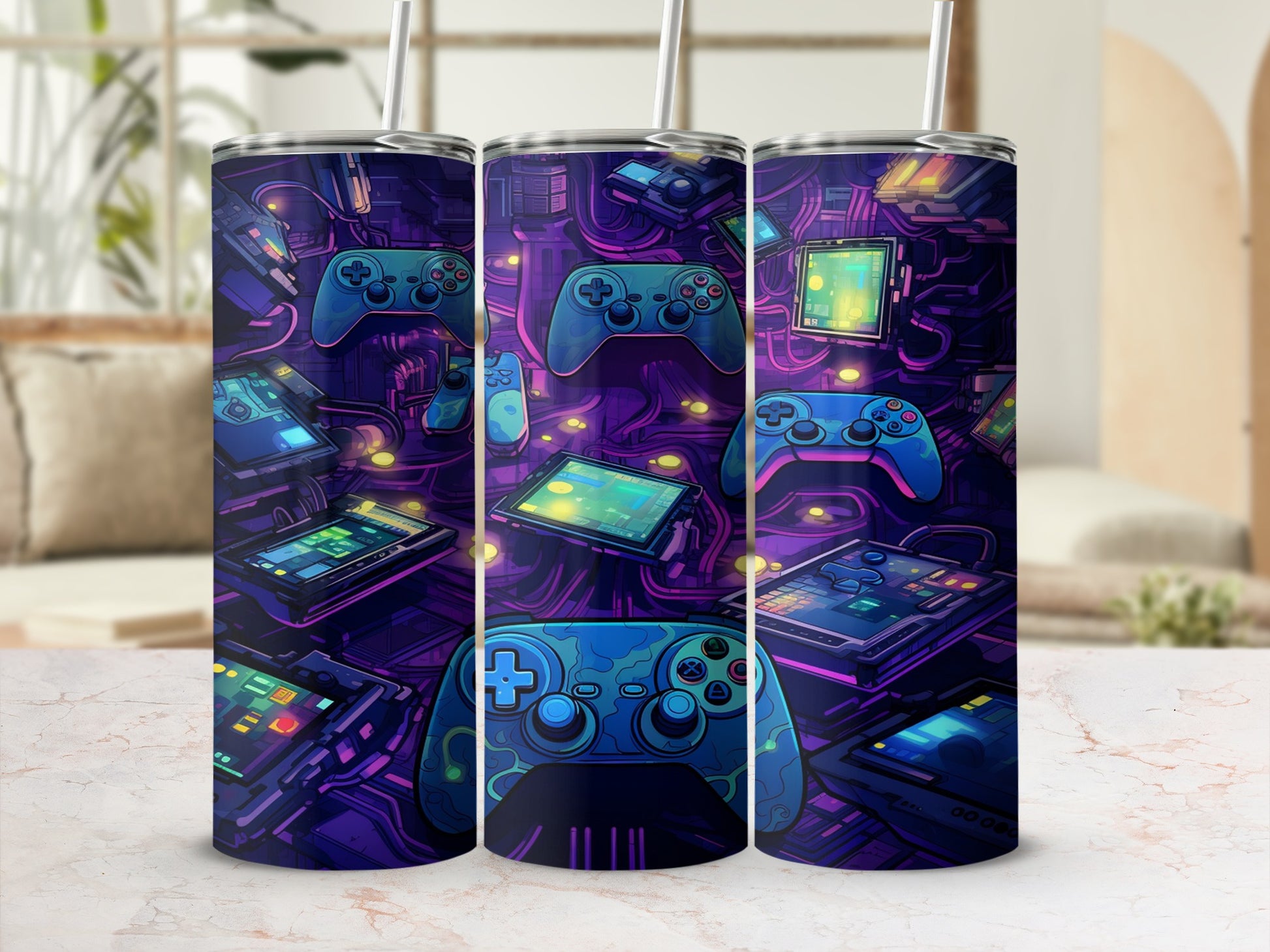 Gaming controller and screens design on a tumbler.