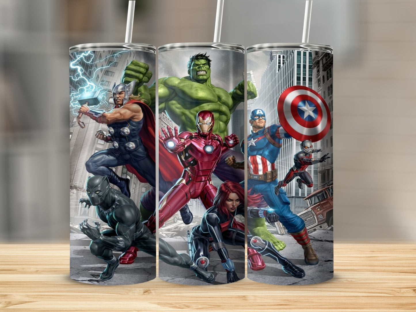 Assembled Avengers on Cityscape Background Design Tumblers