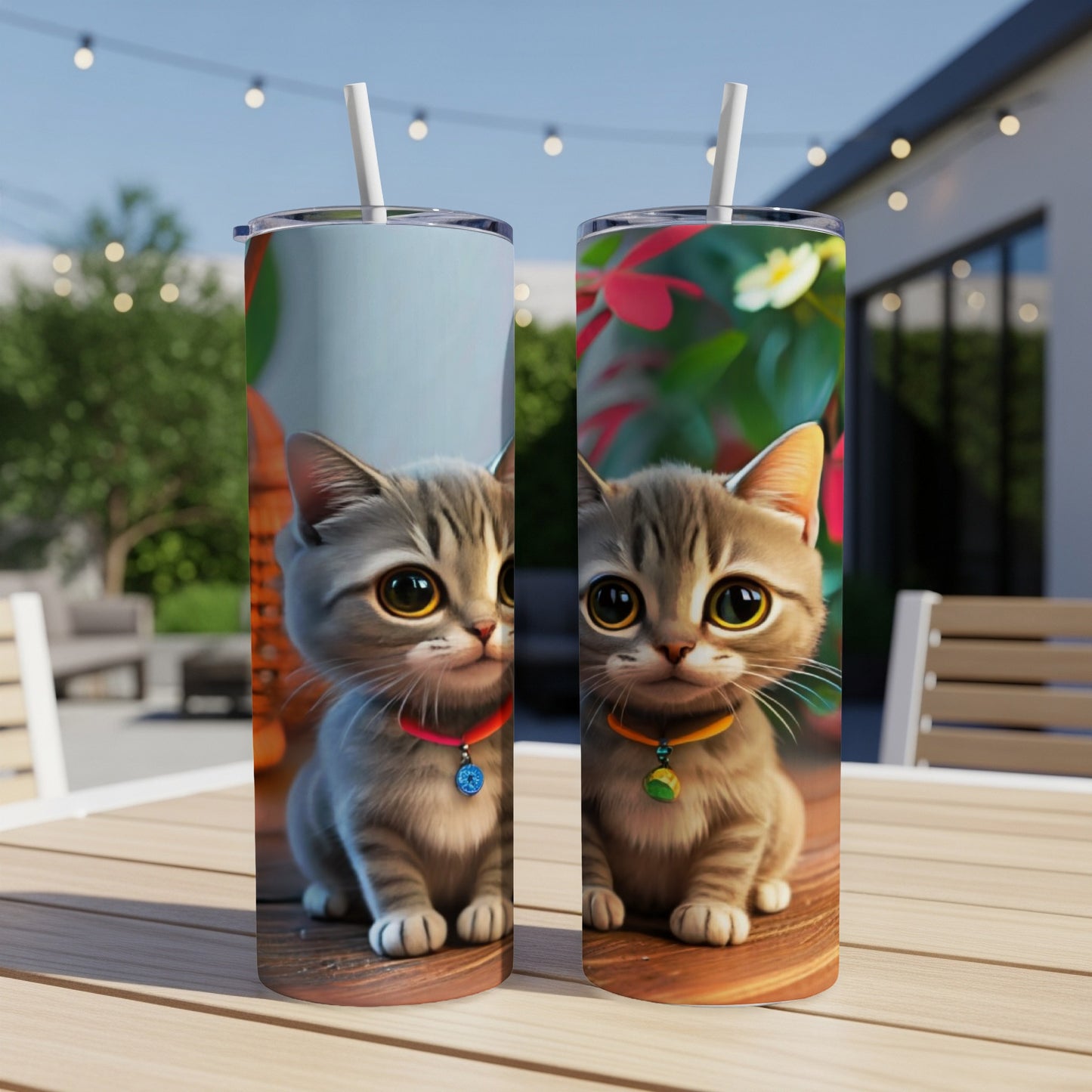 Two skinny tumblers with cute cartoon kittens wearing collars.