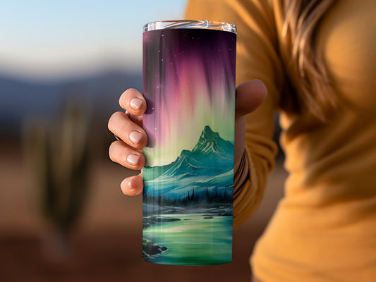 Northern Lights Design Mountain Scene Tumbler Product