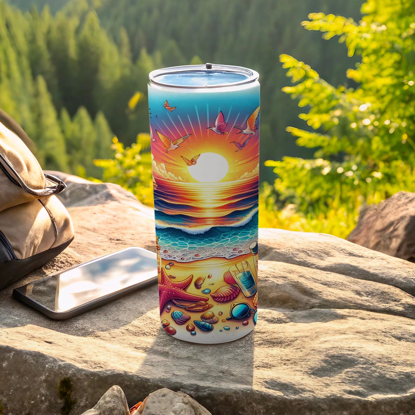 Seashell and beach scene tumbler with vibrant sunset and birds.