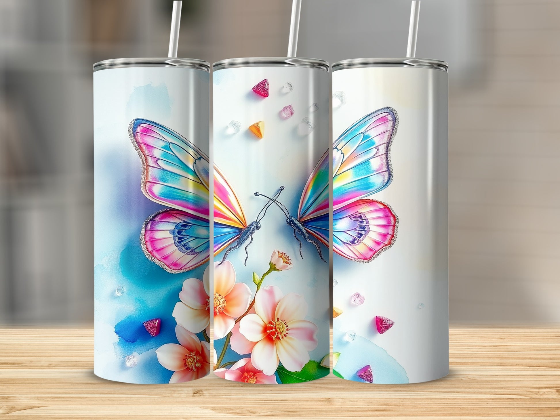 Three tumblers with iridescent butterflies and pink flowers on a white background.