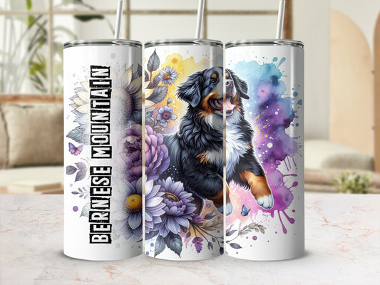 Bernese Mountain Dog with sunflowers and floral watercolor design on a white tumbler.