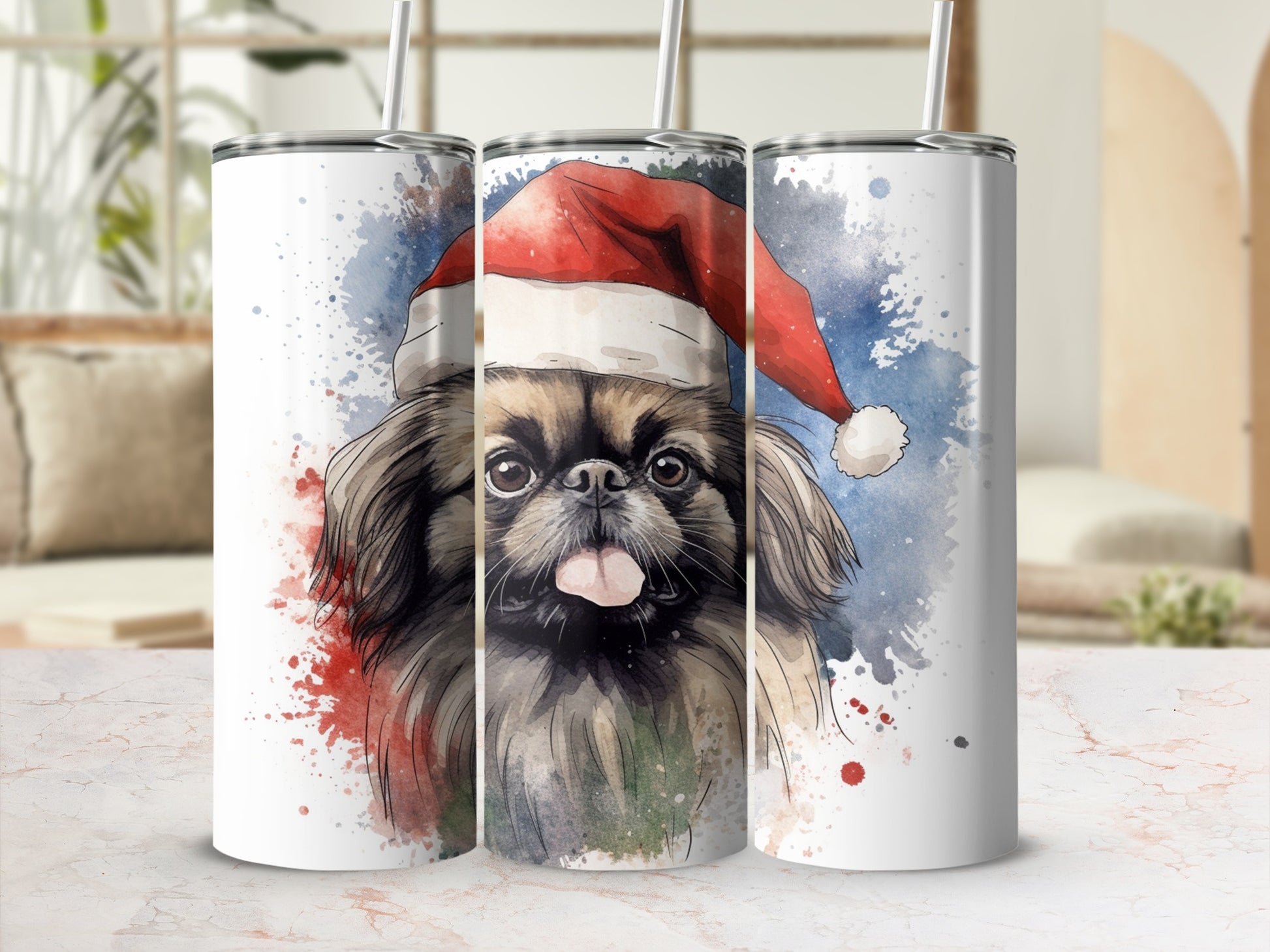Christmas Pekingese dog with Santa hat, watercolor style.