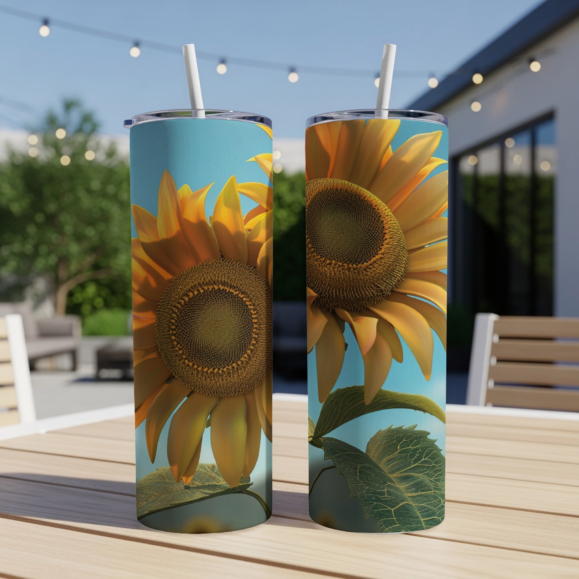 Two tumblers with sunflower designs stand on a wooden table.